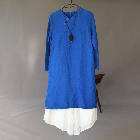 Women Retro Long Sleeve Side Slit Blue Dress