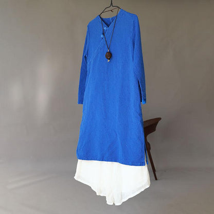 Women Retro Long Sleeve Side Slit Blue Dress
