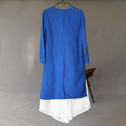 Women Retro Long Sleeve Side Slit Blue Dress