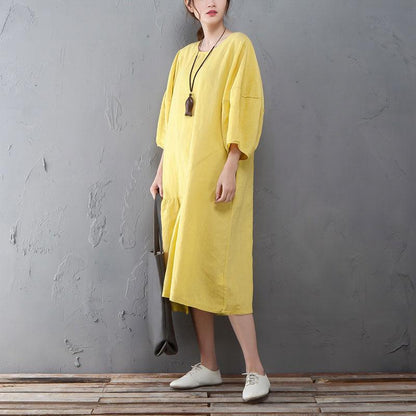 Round Neck Lantern Sleeve Yellow Linen Cotton Dress