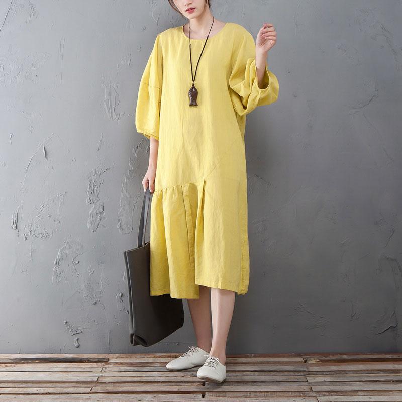 Round Neck Lantern Sleeve Yellow Linen Cotton Dress