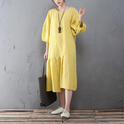 Round Neck Lantern Sleeve Yellow Linen Cotton Dress