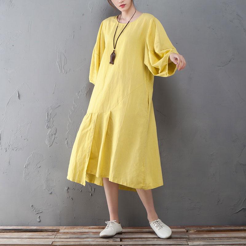 Round Neck Lantern Sleeve Yellow Linen Cotton Dress