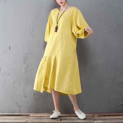 Round Neck Lantern Sleeve Yellow Linen Cotton Dress