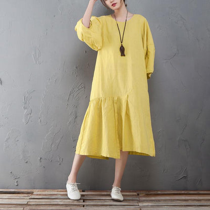 Round Neck Lantern Sleeve Yellow Linen Cotton Dress