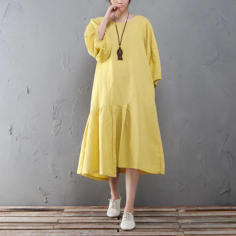 Round Neck Lantern Sleeve Yellow Linen Cotton Dress