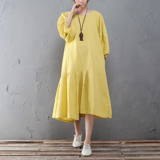 Round Neck Lantern Sleeve Yellow Linen Cotton Dress