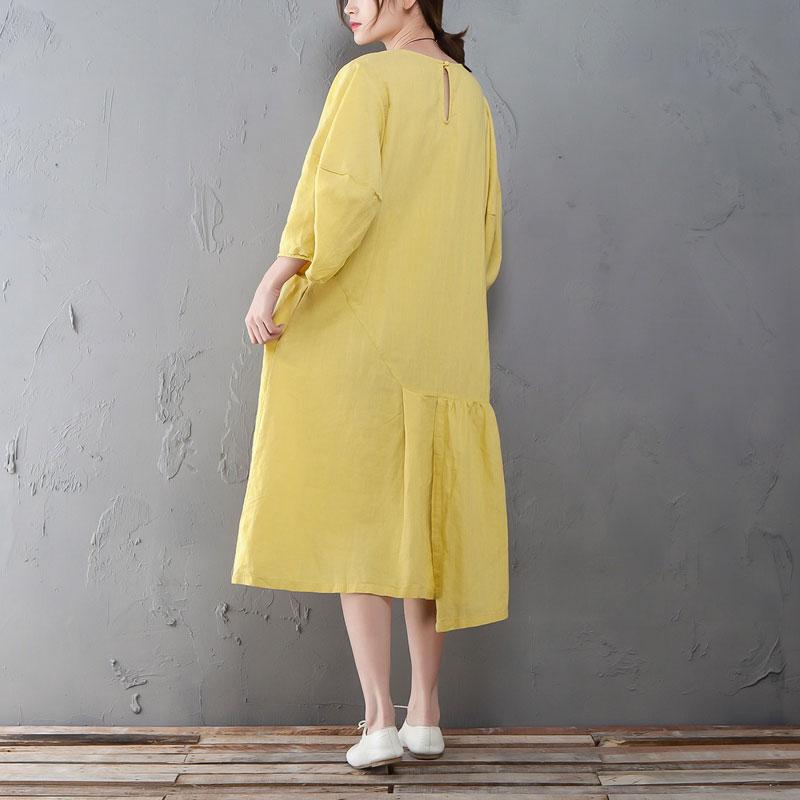 Round Neck Lantern Sleeve Yellow Linen Cotton Dress