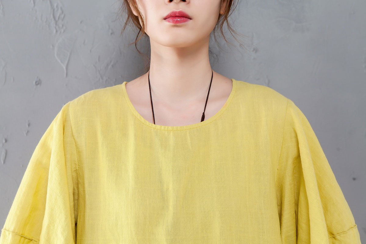 Round Neck Lantern Sleeve Yellow Linen Cotton Dress