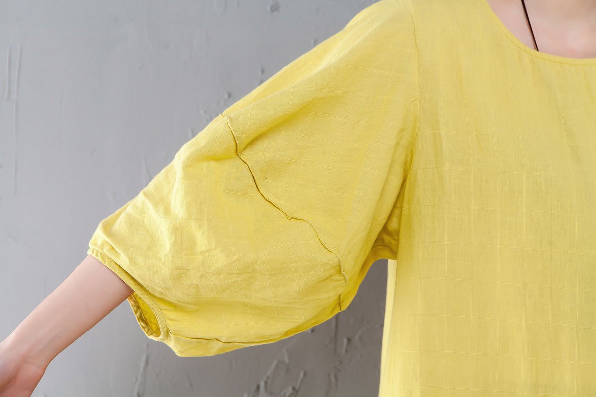 Round Neck Lantern Sleeve Yellow Linen Cotton Dress
