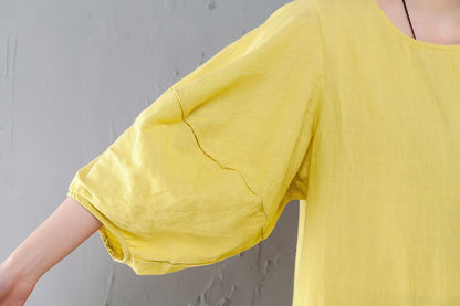 Round Neck Lantern Sleeve Yellow Linen Cotton Dress