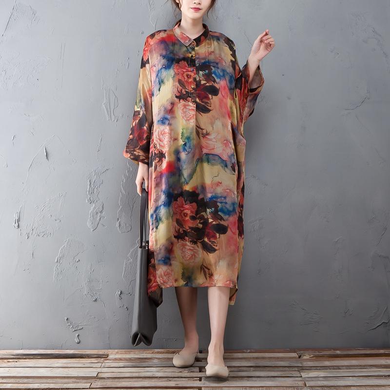 Polo Collar Long Sleeve Printed Retro Loose Dress