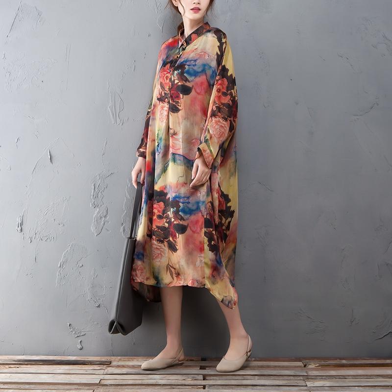 Polo Collar Long Sleeve Printed Retro Loose Dress