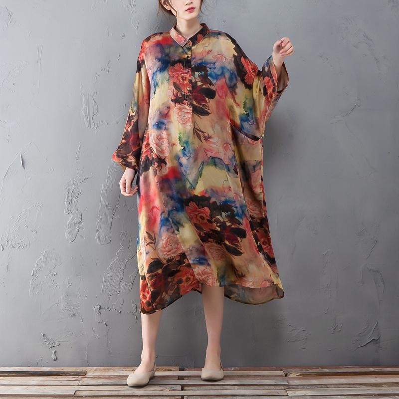 Polo Collar Long Sleeve Printed Retro Loose Dress