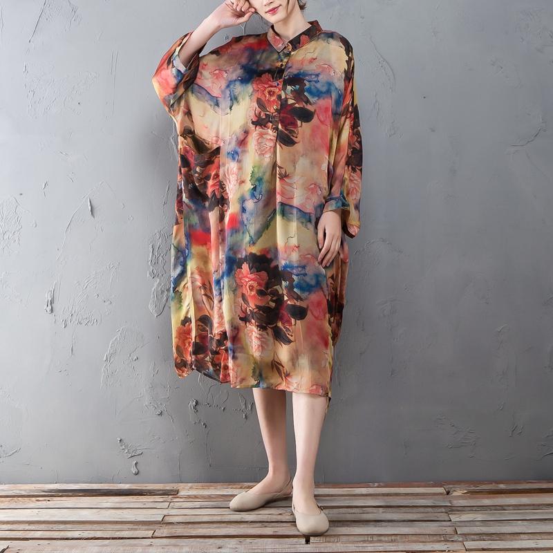 Polo Collar Long Sleeve Printed Retro Loose Dress