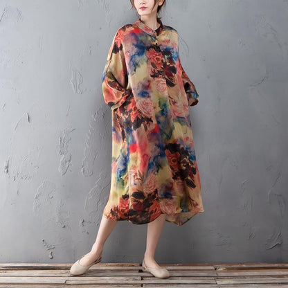 Polo Collar Long Sleeve Printed Retro Loose Dress