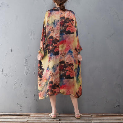Polo Collar Long Sleeve Printed Retro Loose Dress