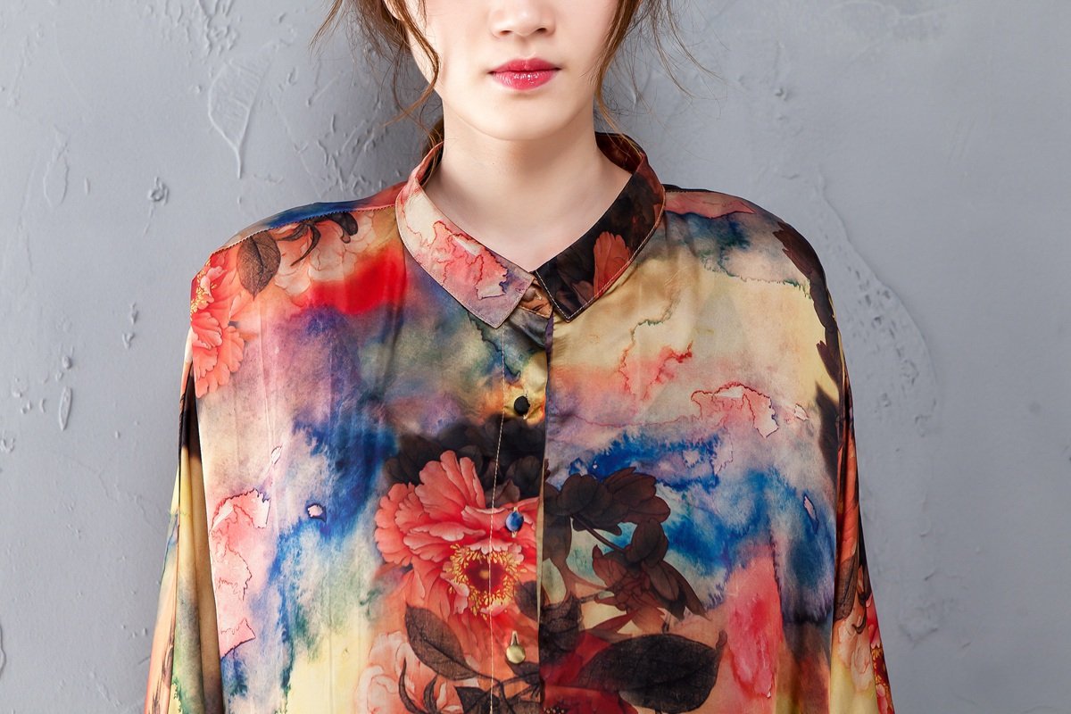 Polo Collar Long Sleeve Printed Retro Loose Dress