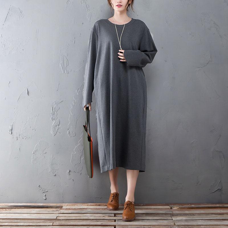 Spring Autumn Round Neck Long Sleeve Gray Split Dress