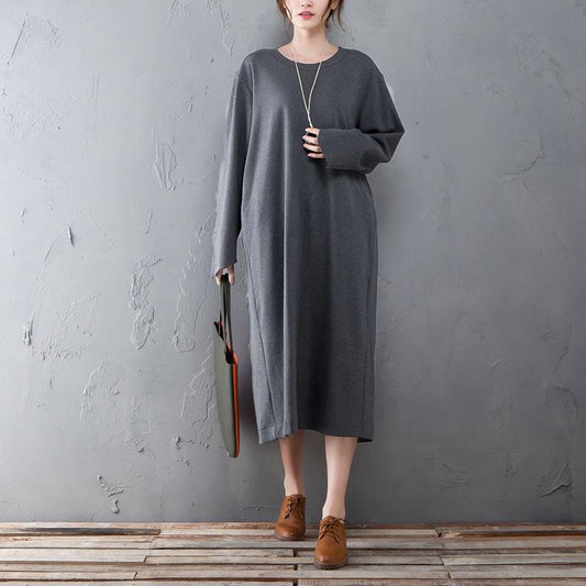 Spring Autumn Round Neck Long Sleeve Gray Split Dress