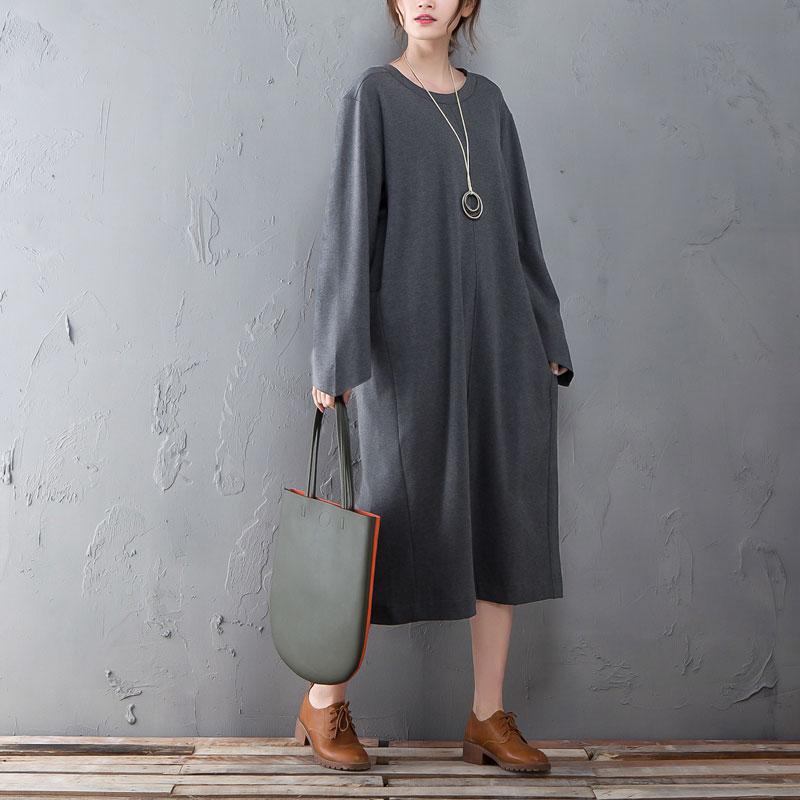 Spring Autumn Round Neck Long Sleeve Gray Split Dress