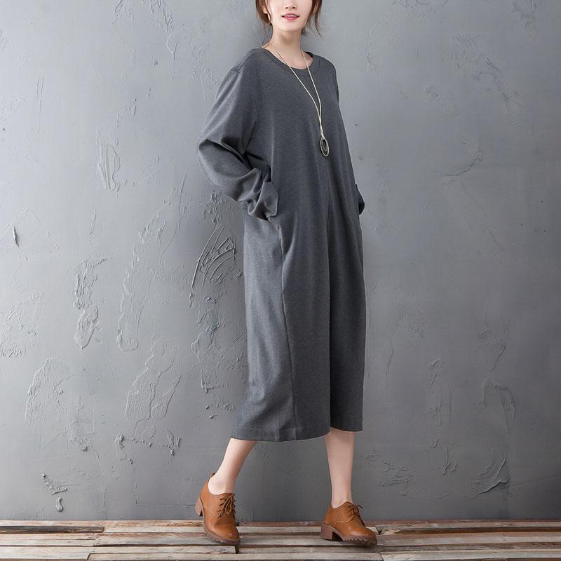 Spring Autumn Round Neck Long Sleeve Gray Split Dress