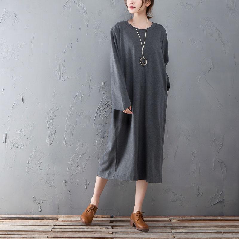 Spring Autumn Round Neck Long Sleeve Gray Split Dress