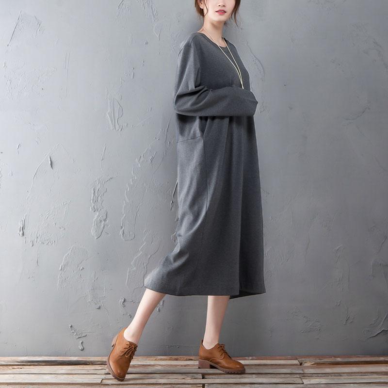 Spring Autumn Round Neck Long Sleeve Gray Split Dress