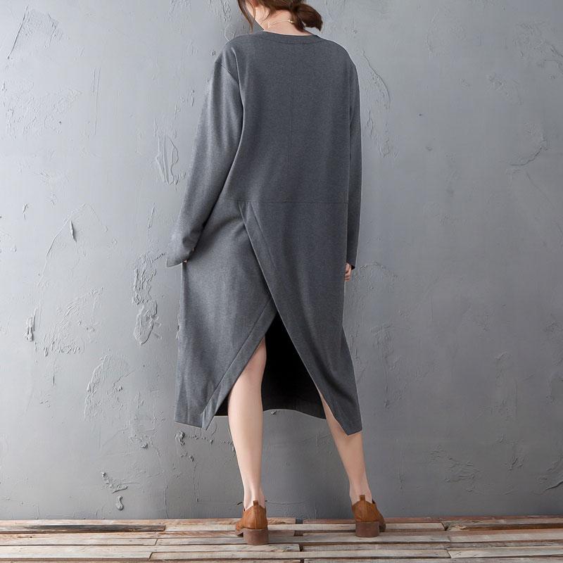 Spring Autumn Round Neck Long Sleeve Gray Split Dress
