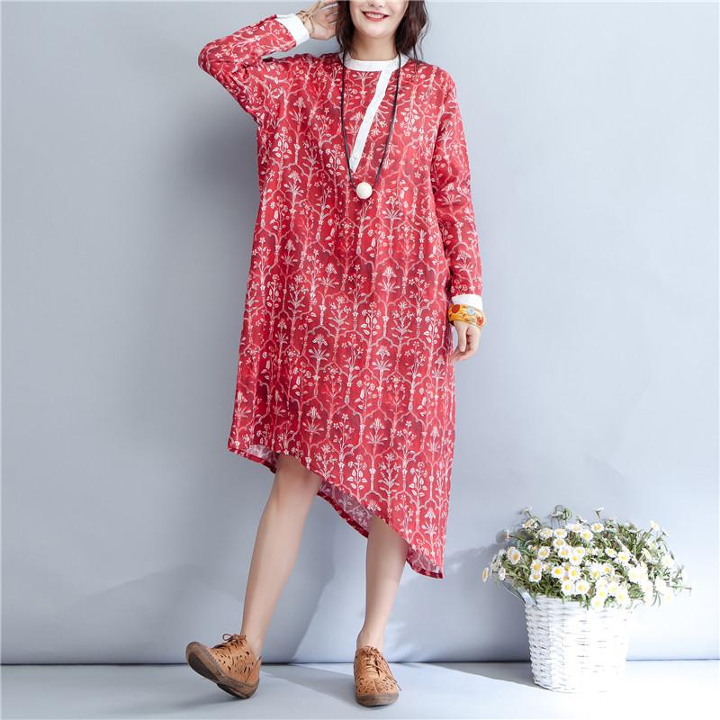 Printing Stand Collar Autumn Long Sleeve Red Dress For Women