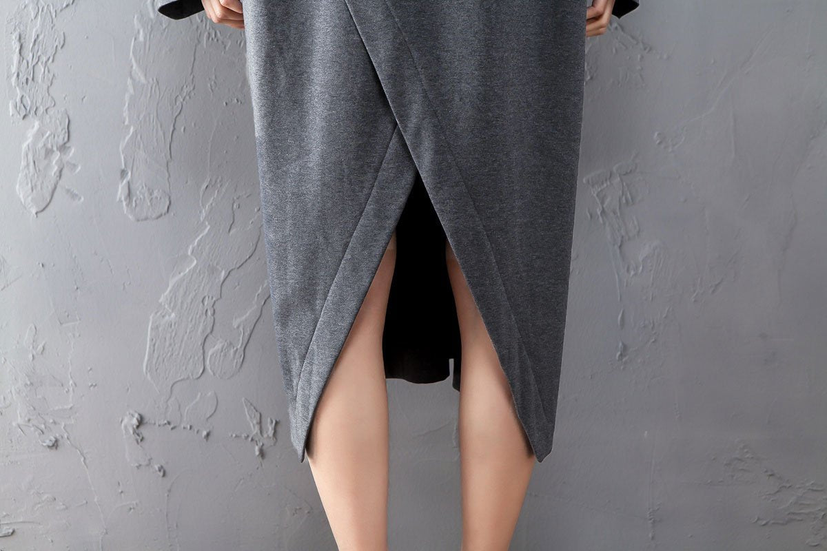 Spring Autumn Round Neck Long Sleeve Gray Split Dress