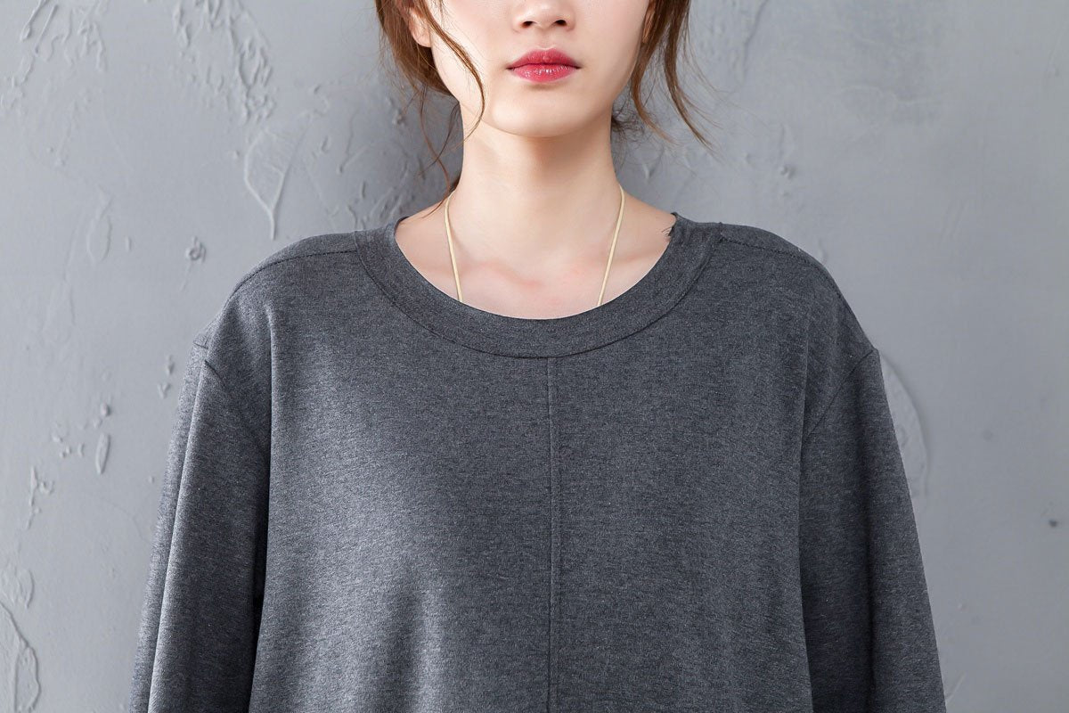 Spring Autumn Round Neck Long Sleeve Gray Split Dress