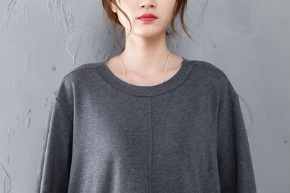 Spring Autumn Round Neck Long Sleeve Gray Split Dress