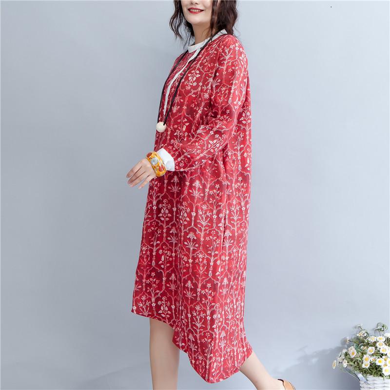Printing Stand Collar Autumn Long Sleeve Red Dress For Women