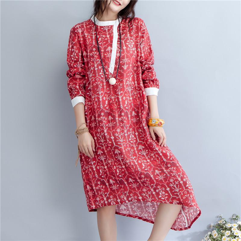 Printing Stand Collar Autumn Long Sleeve Red Dress For Women