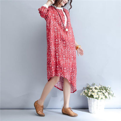 Printing Stand Collar Autumn Long Sleeve Red Dress For Women