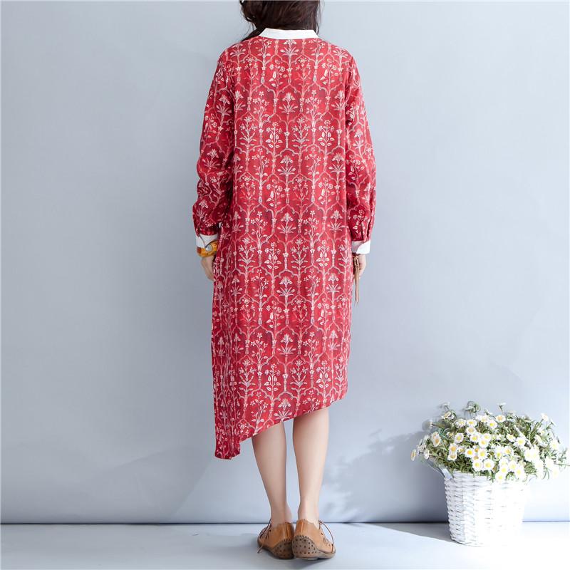 Printing Stand Collar Autumn Long Sleeve Red Dress For Women
