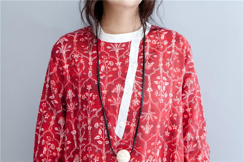 Printing Stand Collar Autumn Long Sleeve Red Dress For Women