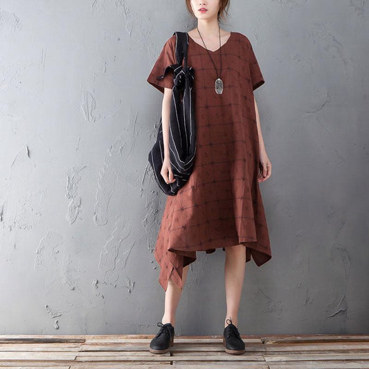 Summer V Neck Short Sleeve Loose Plaid Dress