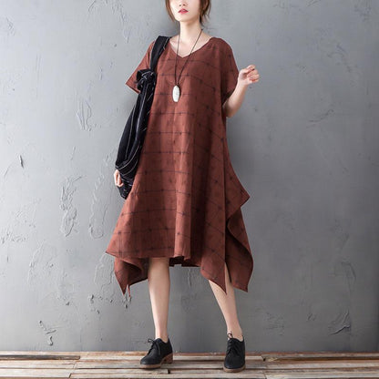 Summer V Neck Short Sleeve Loose Plaid Dress