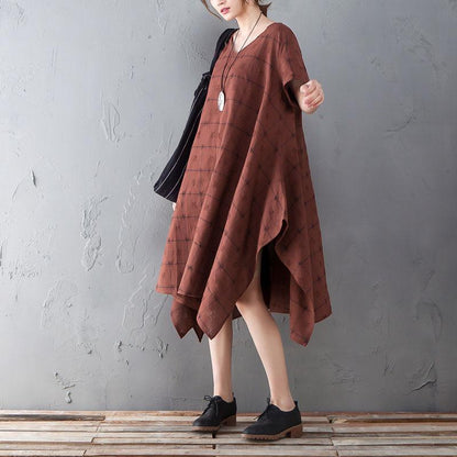 Summer V Neck Short Sleeve Loose Plaid Dress