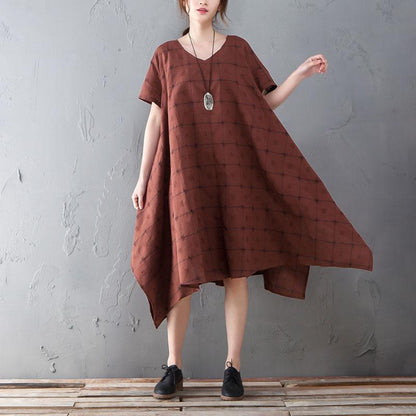 Summer V Neck Short Sleeve Loose Plaid Dress