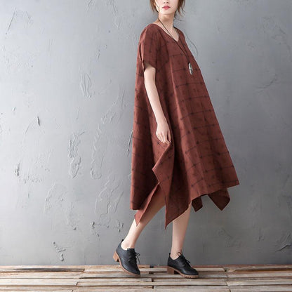 Summer V Neck Short Sleeve Loose Plaid Dress