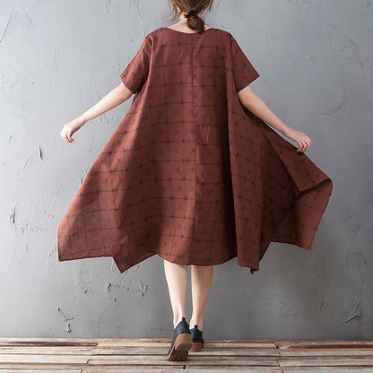 Summer V Neck Short Sleeve Loose Plaid Dress