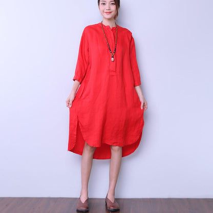 Loose Women Casual Cotton Irregular Splitting Red Dress
