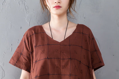 Summer V Neck Short Sleeve Loose Plaid Dress