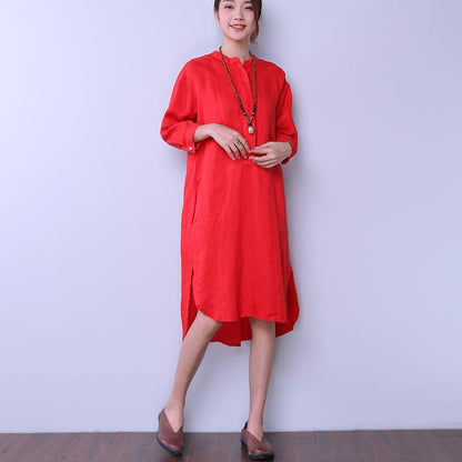 Loose Women Casual Cotton Irregular Splitting Red Dress