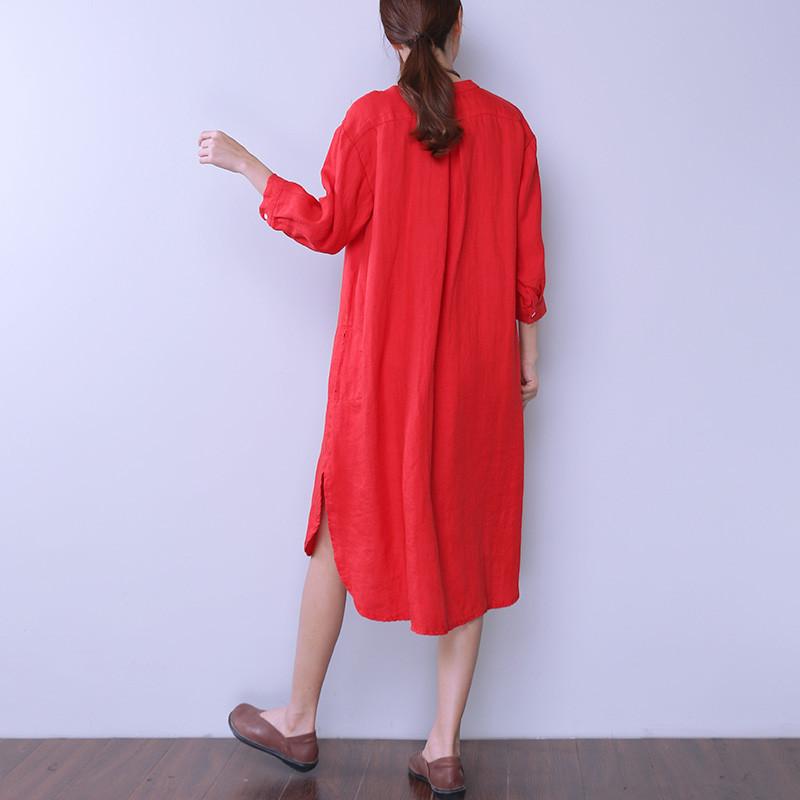 Loose Women Casual Cotton Irregular Splitting Red Dress