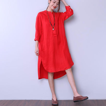 Loose Women Casual Cotton Irregular Splitting Red Dress