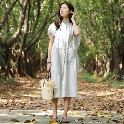 Women Summer Polo Collar Pockets Printing Lacing Short Sleeve Dress